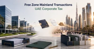 UAE Corporate Tax guide for Free Zone mainland transactions showing business activity between UAE Free Zone and mainland companies.