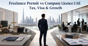 Freelance Permit vs Company Licence UAE comparison showing tax, visa, banking and business growth considerations.