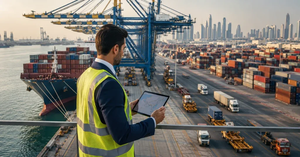 UAE freight forwarding and customs clearance showing shipment documents, cargo inspection and customs processing at a container terminal.