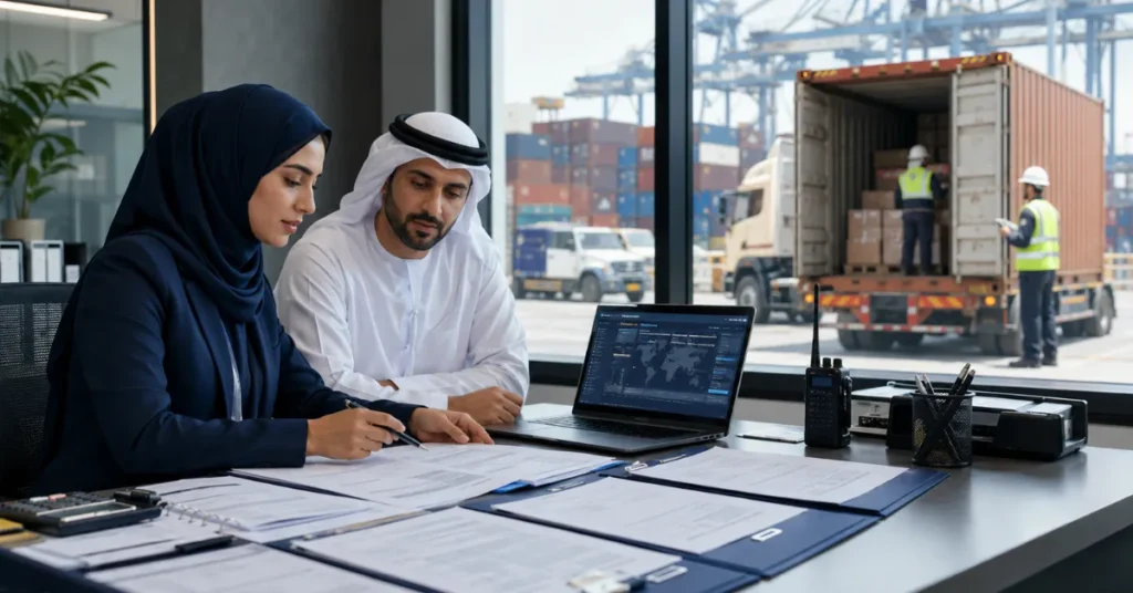 UAE sea freight forwarding showing container ships, port cranes, cargo trucks and international shipment coordination.