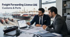 Freight Forwarding Licence UAE showing logistics professionals managing international cargo, customs and port operations.