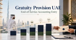 Gratuity Provision UAE end-of-service accounting showing employee service period, accrued benefit liability and final settlement.