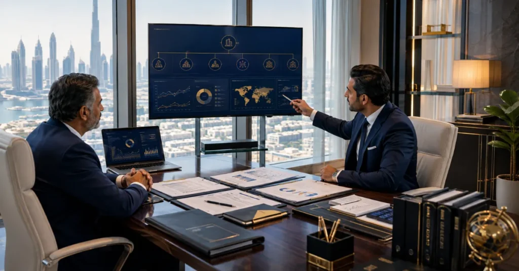 UAE holding company investor planning showing subsidiary ownership, Corporate Tax, banking, governance and group compliance.