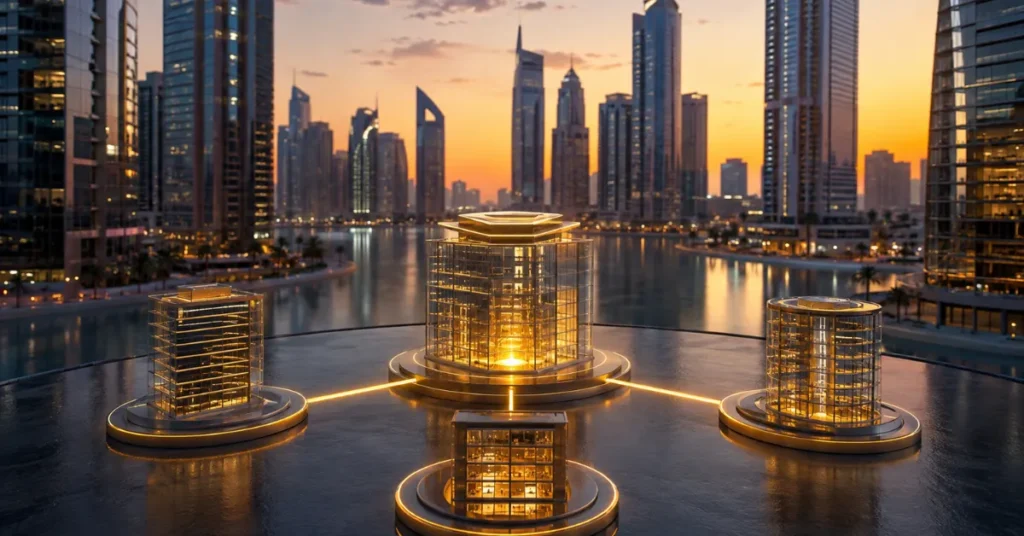 UAE holding company structure showing a parent entity owning multiple operating subsidiaries and investment interests.