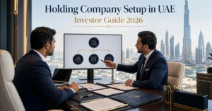 Holding Company Setup in UAE showing a parent company structure with multiple subsidiaries, investor ownership and group planning.