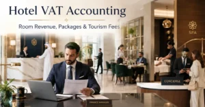 Hotel VAT accounting UAE showing room revenue, hospitality services, guest folio and hotel VAT transactions.