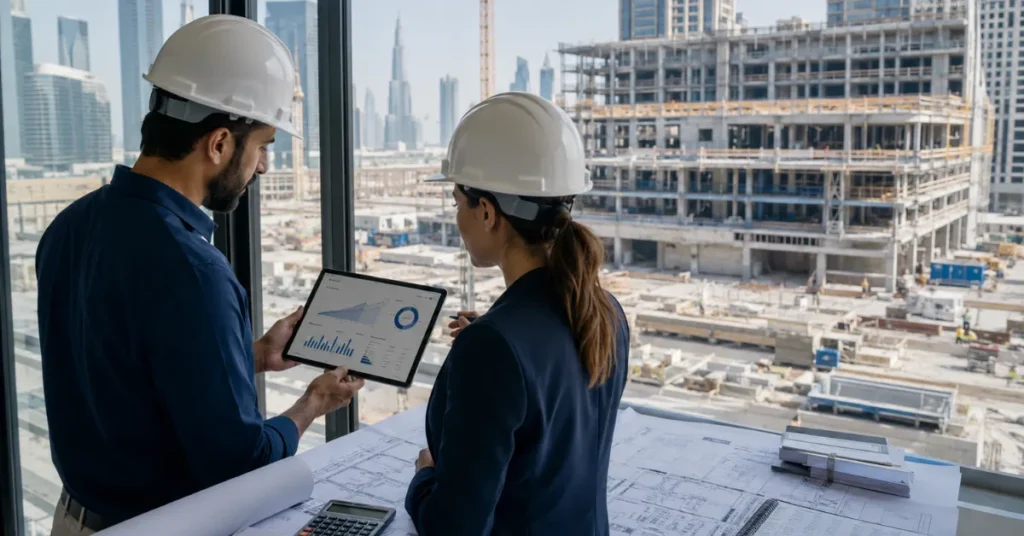 IFRS 15 construction accounting showing contract variations, contract assets, billing and revised revenue recognition for a UAE contractor.