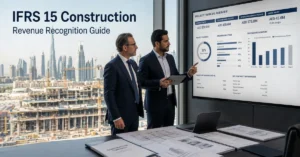 IFRS 15 construction revenue recognition showing project progress, contract revenue, costs and financial reporting for a UAE contractor.