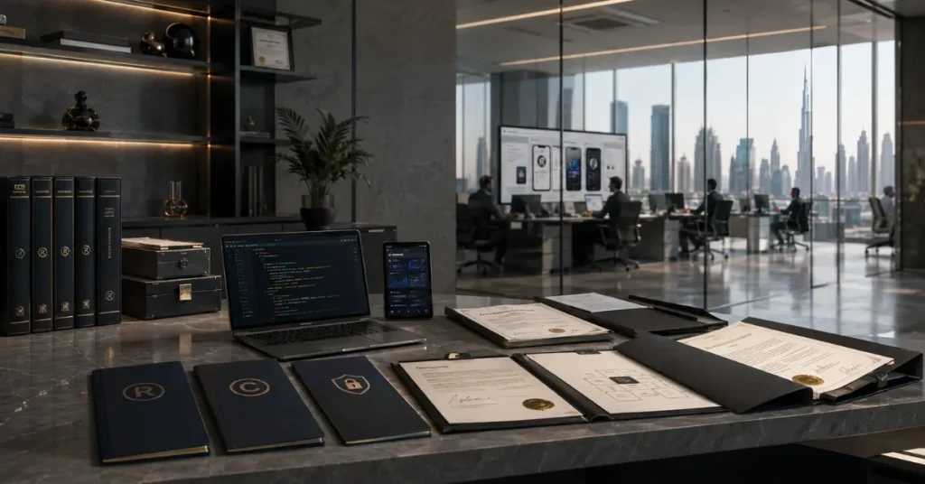 UAE IP holding company centralising ownership of trademarks, copyrighted software, development records and licensing rights.