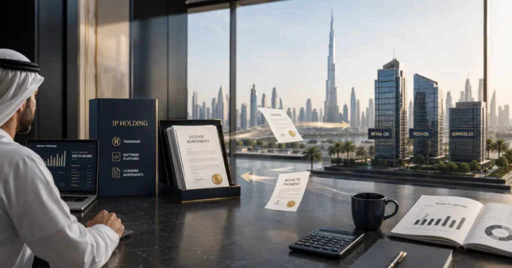 UAE IP licensing structure showing operating companies using trademarks and software while paying documented royalties to an IP holding company.