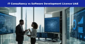 IT Consultancy business setup in Dubai with professional technology consultants planning digital transformation solutions.