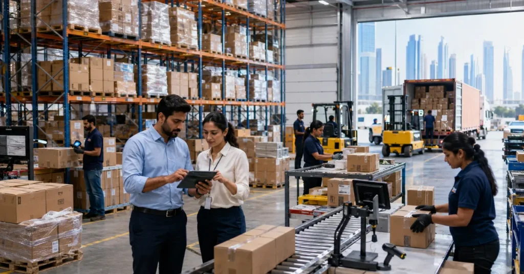 Dubai logistics operations showing freight trucks, cargo handling, international shipping and supply chain coordination.