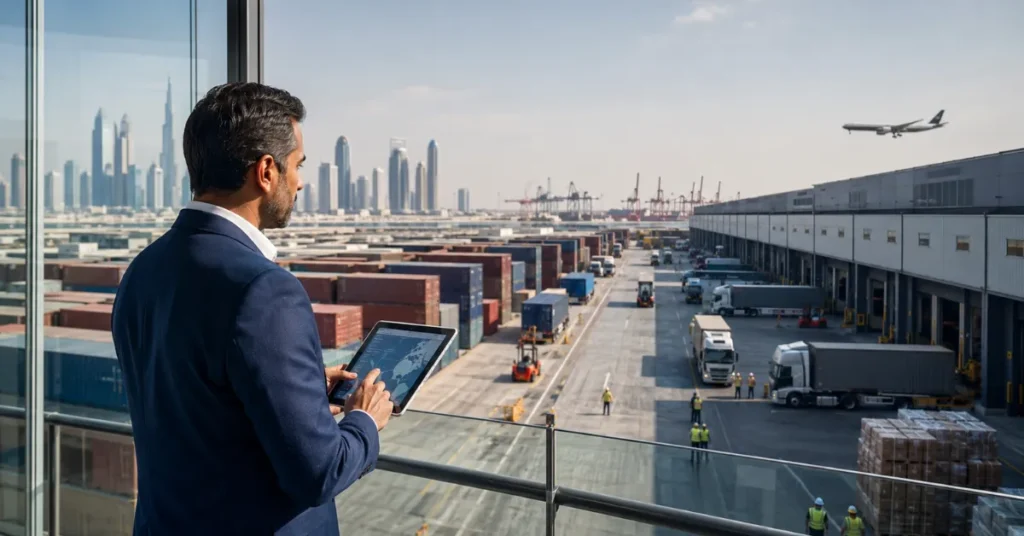 Modern Dubai logistics warehouse showing inventory management, e-commerce fulfilment, packing and dispatch operations.