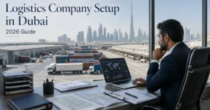 Logistics Company Setup in Dubai showing a professional logistics entrepreneur managing freight, warehousing and transport operations.