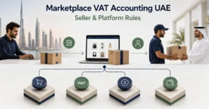 Marketplace VAT Accounting UAE showing seller sales, platform commission, VAT and marketplace settlement flow.