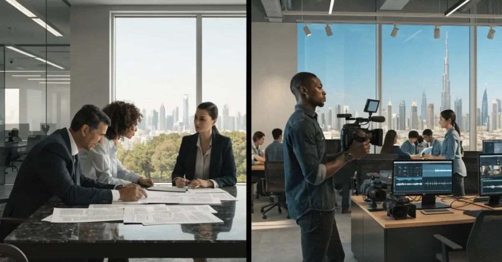 Comparison of Mainland and Free Zone Media Production Company Setup options in Dubai for media businesses.