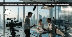 Media Production Company Setup in Dubai with a professional video production studio and corporate filmmaking environment.