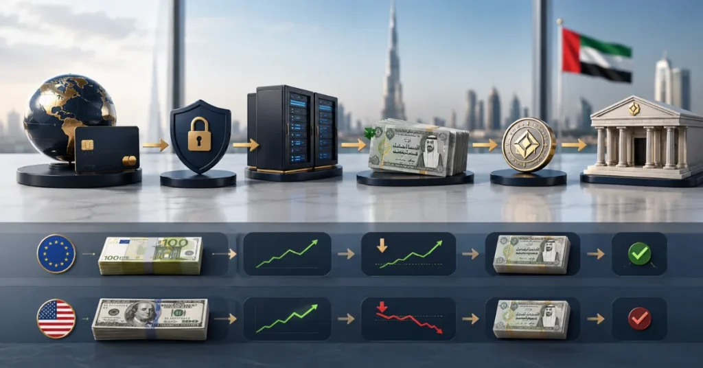 Payment Gateway Fees VAT UAE foreign currency settlement showing AED conversion and FX gain or loss.