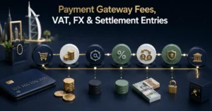 Payment Gateway Fees VAT UAE accounting showing gateway charges, FX differences and final settlement entries.