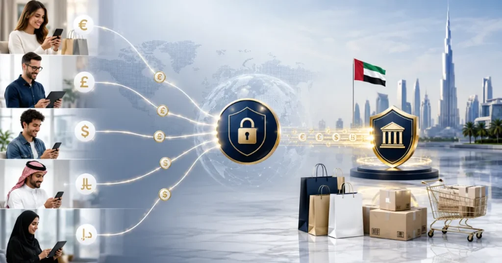 UAE e-commerce payment reconciliation showing foreign-currency sale, gateway fees, FX conversion, refunds and final bank settlement.