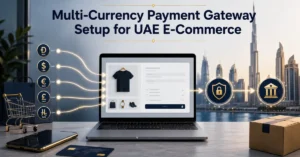 Multi-currency payment gateway setup for UAE e-commerce showing international customers paying in AED, USD, EUR, GBP and SAR through an online checkout.