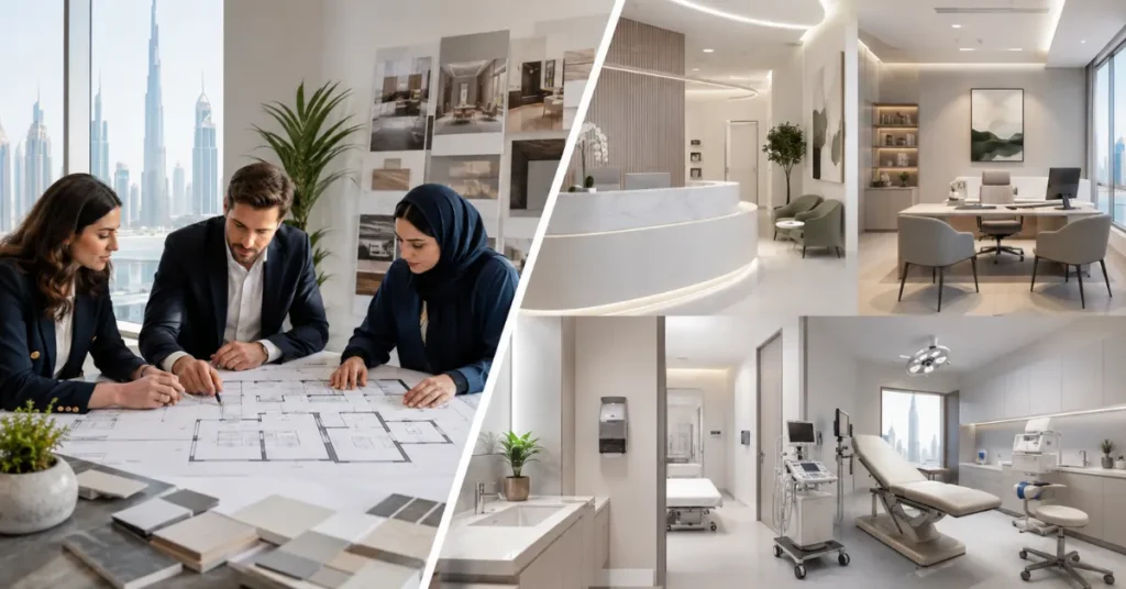 Dubai Private Clinic Setup showing clinic layout planning, medical fit-out and DHA inspection readiness.