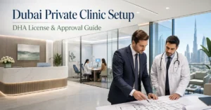 Dubai Private Clinic Setup guide showing DHA clinic licensing, approved medical facility design and healthcare compliance.