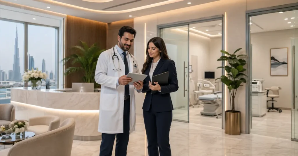 Private Clinic Setup Dubai DHA inspection showing clinic facility readiness, medical equipment and healthcare compliance checks.