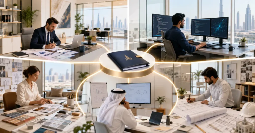 Dubai professional licence activity selection showing consultancy, IT, design, training and technical service business options.