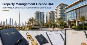 Property Management Licence UAE guide showing residential property, business licence, management contract and compliance documents.