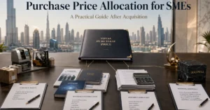 Purchase price allocation for a UAE SME showing acquisition consideration allocated to tangible assets, intangible assets, liabilities and goodwill.