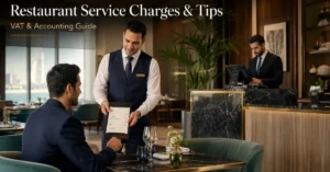 Restaurant service charges and tips UAE VAT accounting showing dining bill, mandatory service charge, VAT and voluntary gratuity.