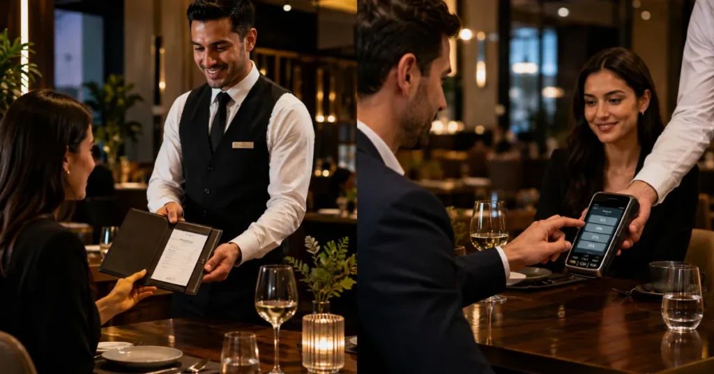 Restaurant service charge VAT UAE comparison between a mandatory service charge and a voluntary customer tip.