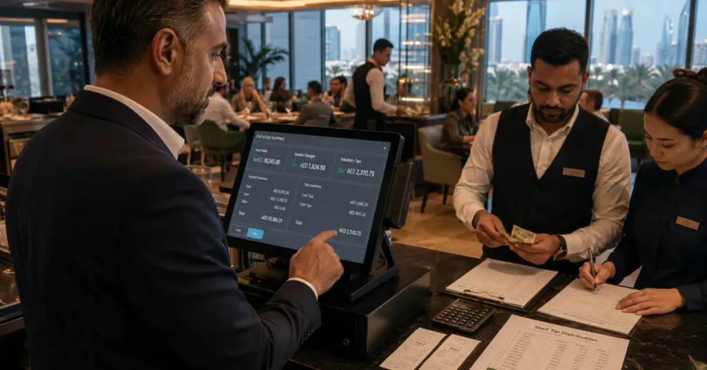 Restaurant service charges and tips UAE accounting showing POS reconciliation, voluntary tips and staff tip distribution.