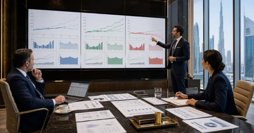 UAE financial scenario analysis comparing base, upside and downside forecasts for revenue, profit and business performance.