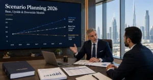 Scenario Planning 2026 showing base, upside and downside financial models for UAE business forecasting and decision-making.