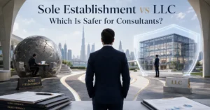 Sole Establishment vs LLC comparison for UAE consultants showing personal liability exposure versus limited-liability business separation.