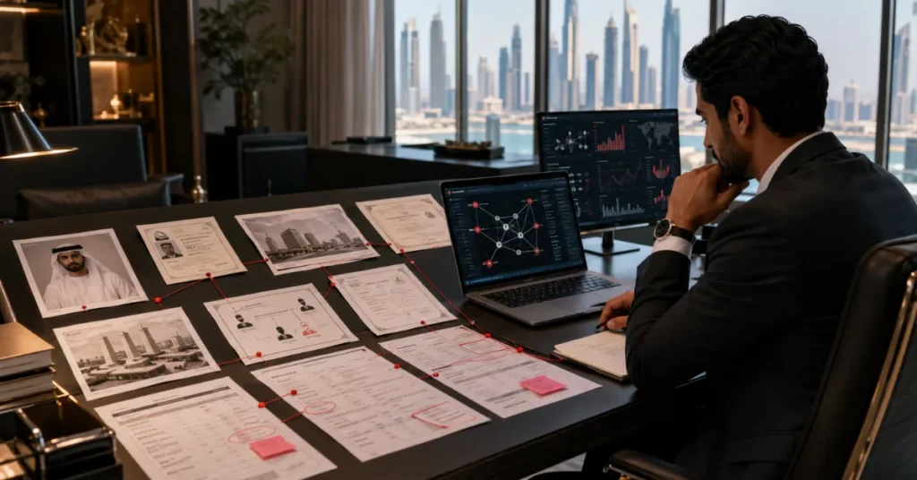 Secure UAE AML record retention showing confidential suspicious transaction files, restricted access, audit logs, backups and compliance archives.