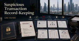 Suspicious transaction record-keeping in the UAE showing customer due diligence, transaction evidence, AML risk assessment and internal compliance review.