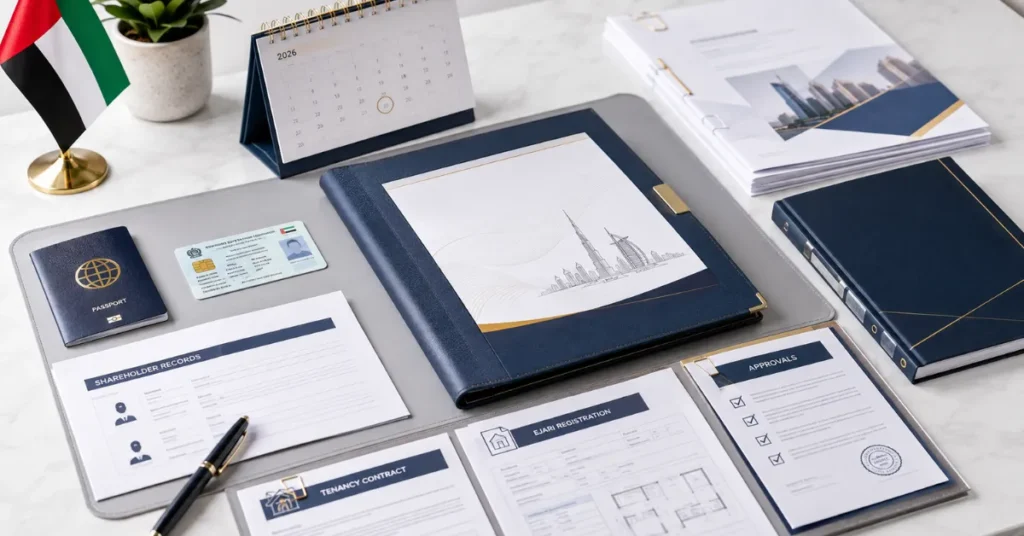 UAE trade licence renewal document checklist showing licence, tenancy, Ejari, shareholder records and supporting approvals.