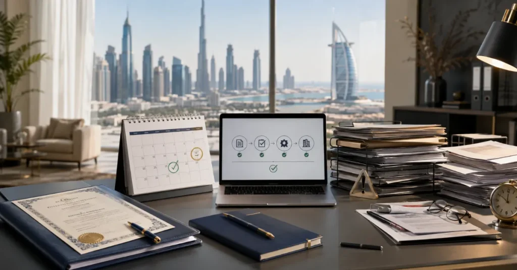 UAE trade licence renewal showing on-time renewal versus late renewal with penalties, delays and compliance issues.