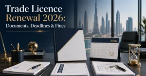 Trade Licence Renewal 2026 in Dubai showing licence expiry, renewal documents, tenancy records and late-renewal compliance risk.