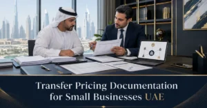 Transfer Pricing Documentation for Small Businesses UAE showing an SME reviewing related-party transactions, agreements and Corporate Tax records.