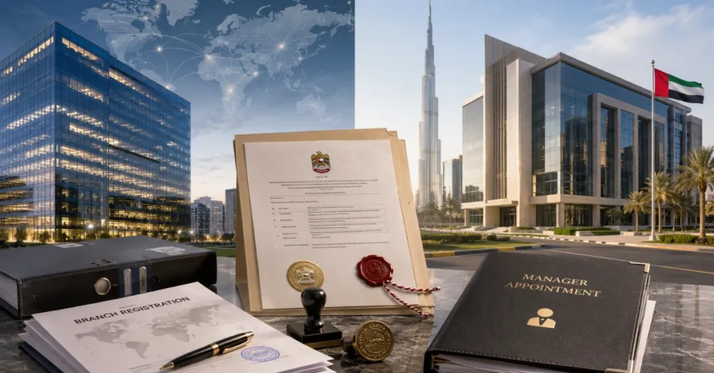 Documents required for UAE branch setup including parent company records, board resolution, manager power of attorney and branch registration papers.