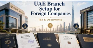 UAE branch setup for foreign companies showing an overseas parent company expanding into Dubai with branch registration and corporate documentation.