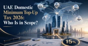 UAE Domestic Minimum Top-Up Tax 2026 showing a UAE constituent entity within a multinational group meeting the €750 million global revenue threshold.