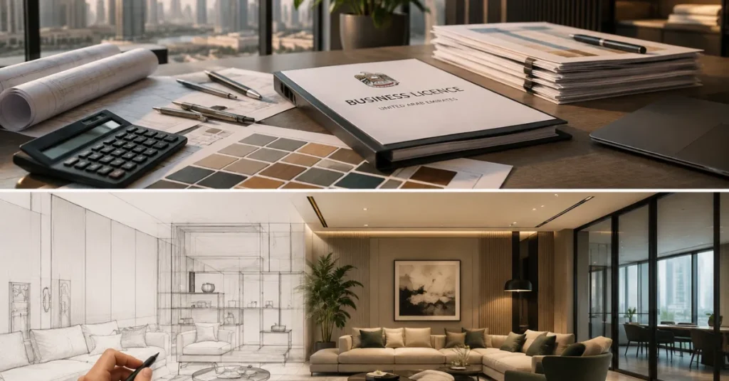 UAE interior design and fit-out company setup showing commercial interior works, architectural plans and business licensing.