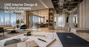 UAE interior design and fit-out company setup showing commercial interior works, architectural plans and business licensing.