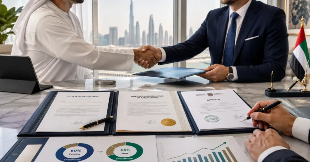 UAE share transfer approval showing shareholders completing a share transfer agreement, amended MOA and ownership change documents.