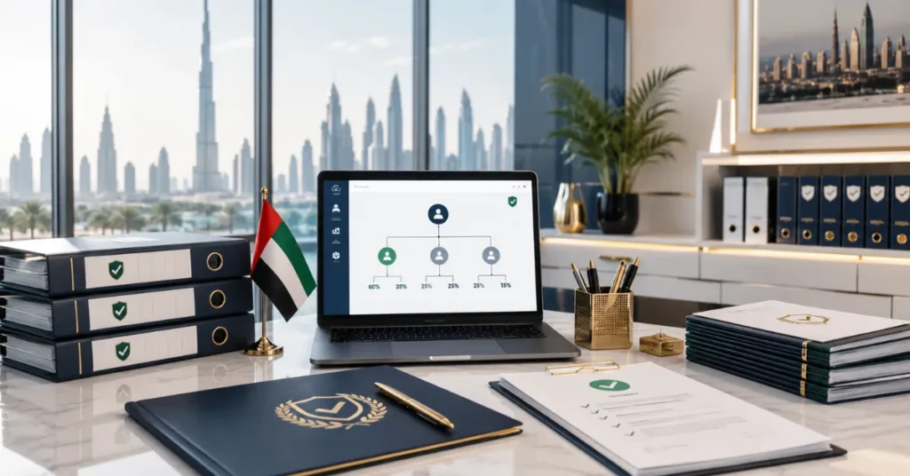 UAE shareholder compliance records showing updated ownership percentages, shareholder structure and corporate documents after a company ownership change.